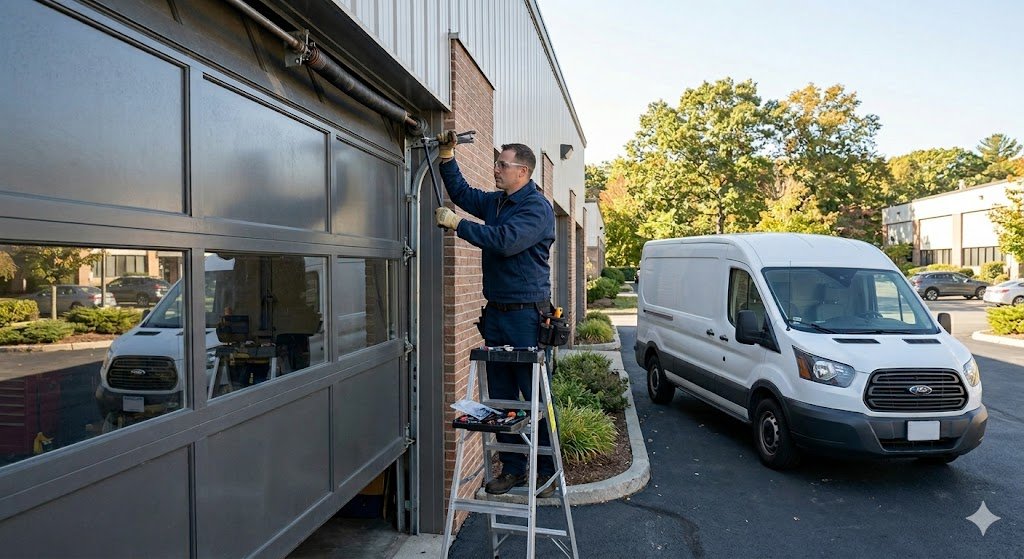 Magic Garage Door technician servicing a commercial overhead garage door at a business in MA